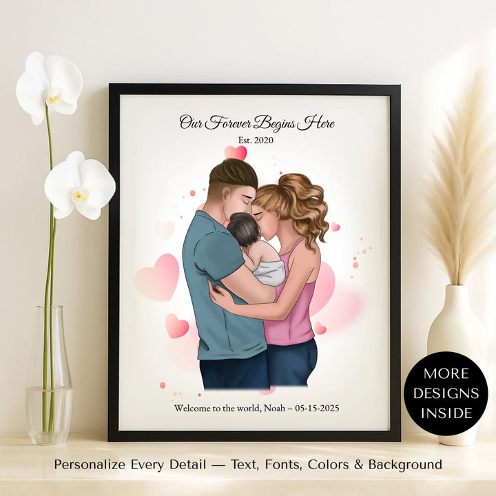 Illustrated custom family portrait wall art with couple holding baby, watercolor background, and personalized text including names, date, and quote -framed canvas on table-ARTFULANE