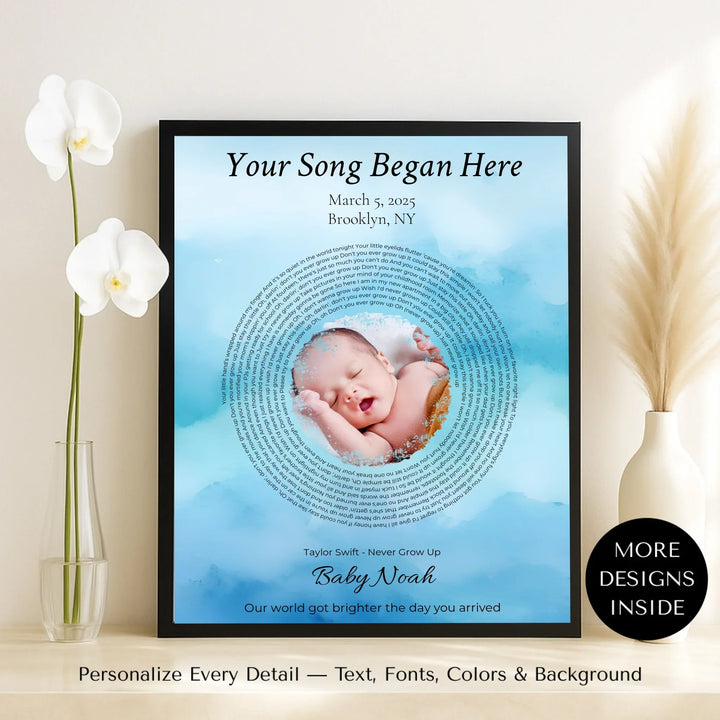 Custom Song Lyrics Wall Art with Photo - Personalized Gift for Baby -framed canvas on table-ARTFULANE