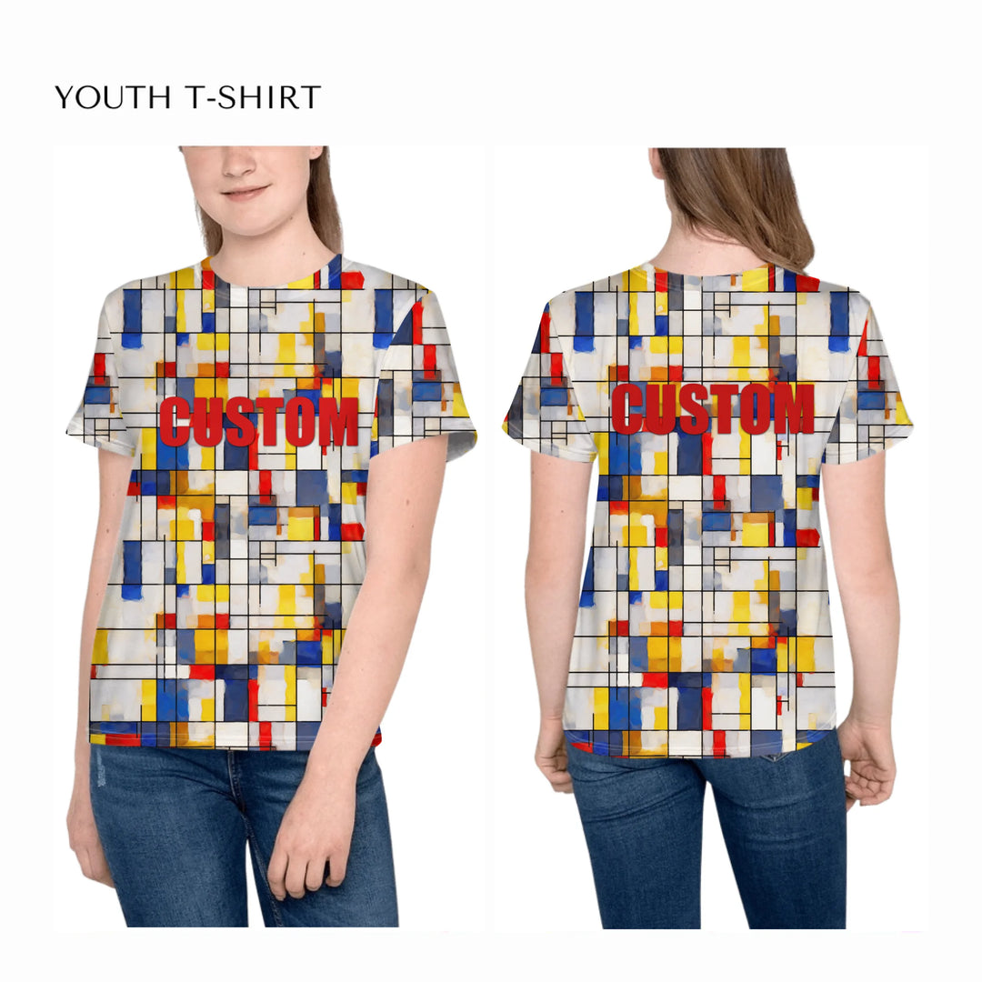 custom-modern-abstract-art-color-blocking-all-over-print-unisex-youth-crew-neck-t-shirt-on-girl-front-and-back-artfulane