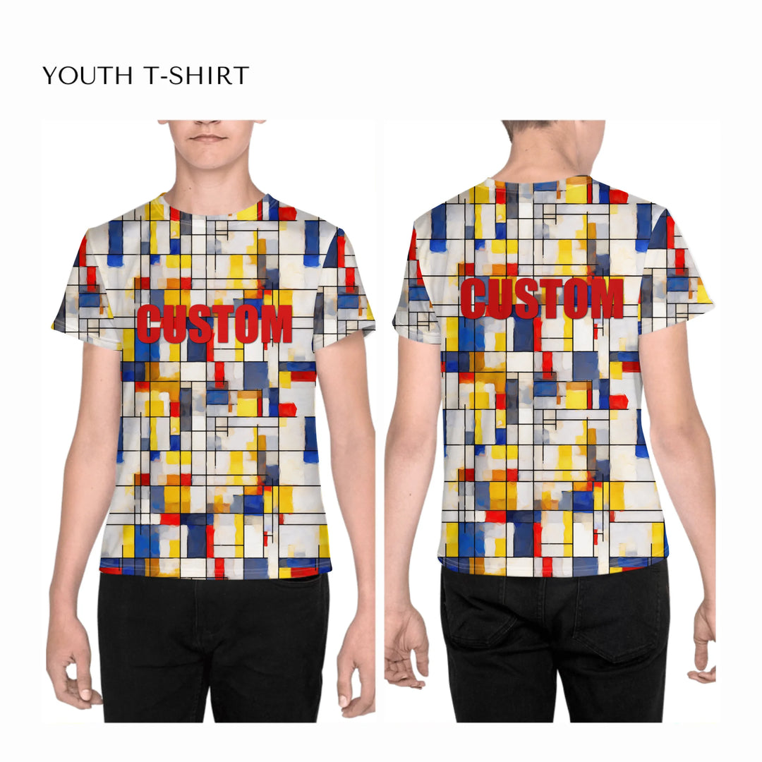 custom-modern-abstract-art-color-blocking-all-over-print-unisex-youth-crew-neck-t-shirt-on-boy-front-and-back-artfulane