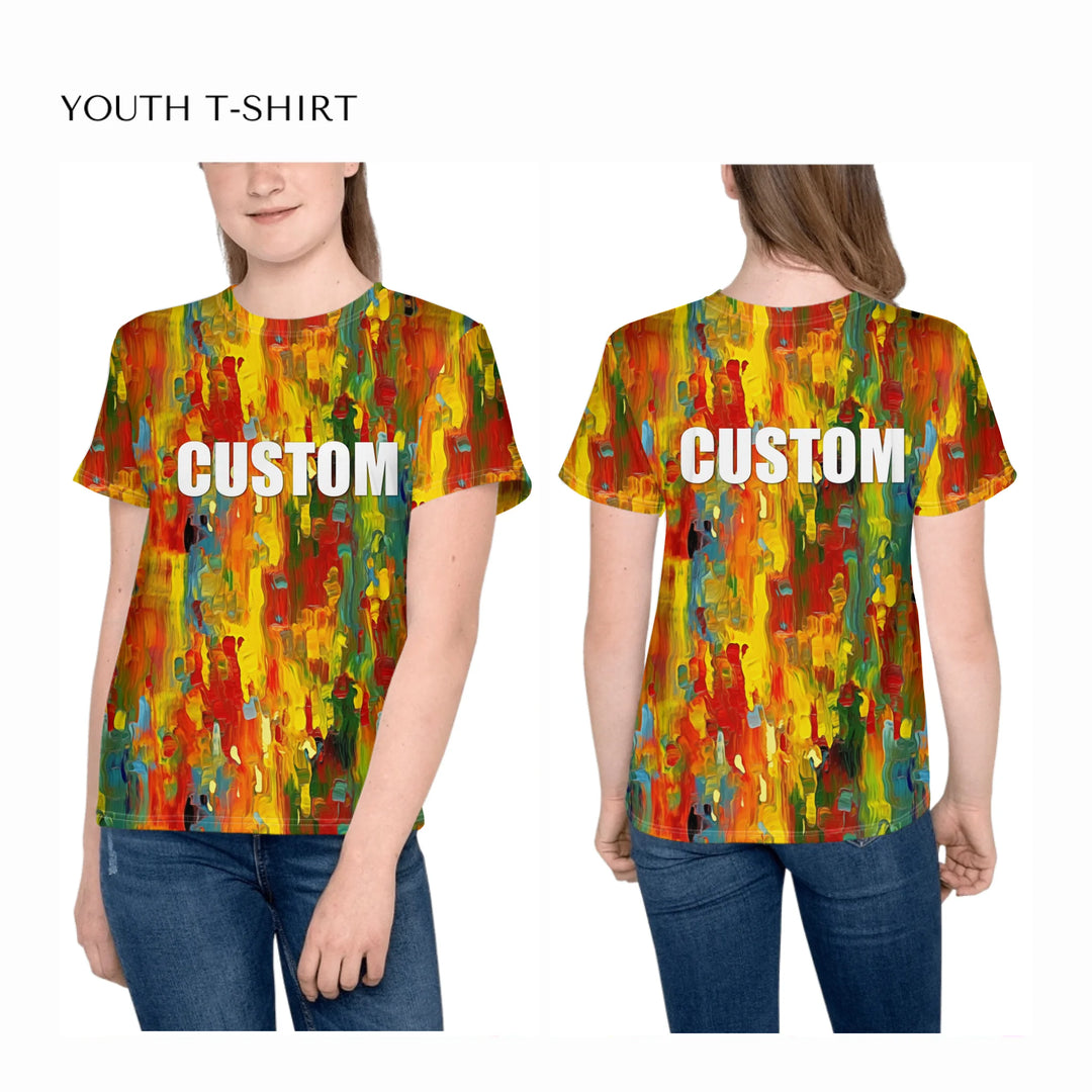 Custom-Modern-Abstract-T-Shirt-Textured-Abstract-all-over-print-unisex-youth-crew-neck-t-shirt-on-girl-front-and-back-artfulane