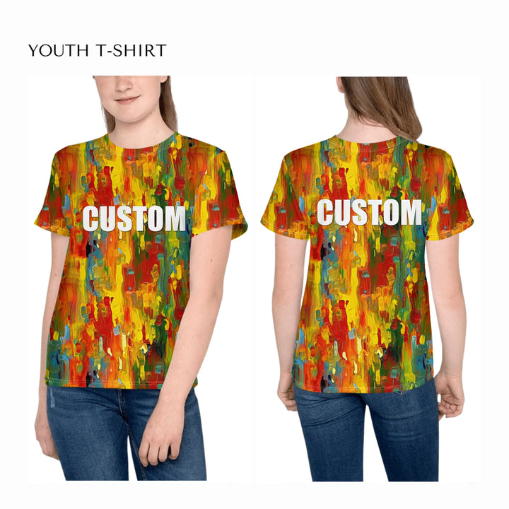 Custom-Modern-Abstract-T-Shirt-Textured-Abstract-all-over-print-unisex-youth-crew-neck-t-shirt-on-girl-front-and-back-artfulane