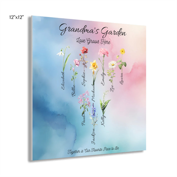 Personalized birth month flower art print with custom names, watercolor floral design, and optional title or quote – perfect gift for mom, grandma, or family - 12x12 acrylic print french cleat