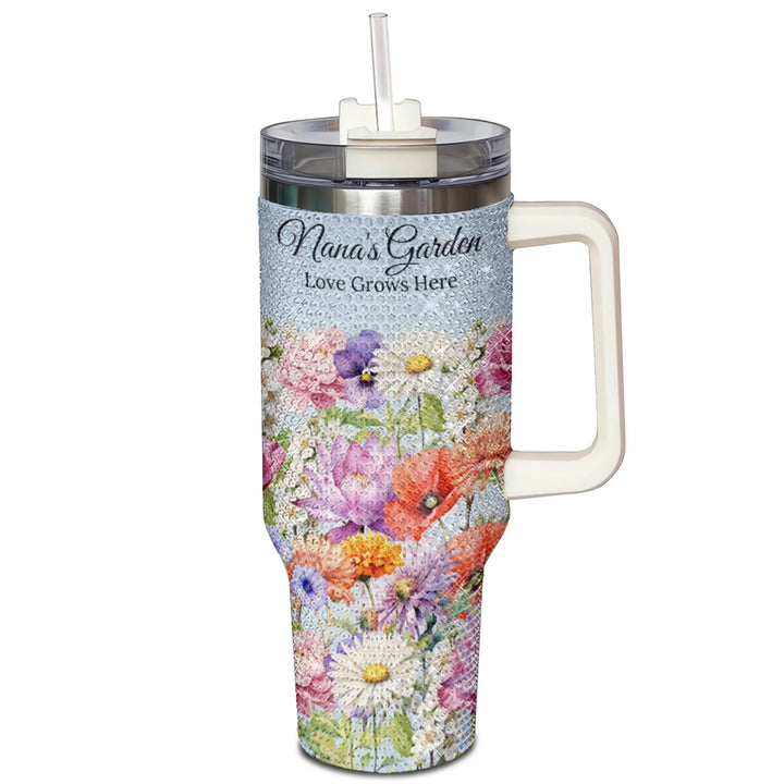 Custom 40oz rhinestone tumbler with white handle in personalized birth month flower garden design, insulated stainless steel cup with lid and straw-ARTFULANE