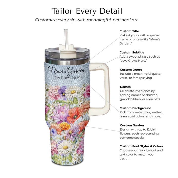 Custom 40oz rhinestone tumbler with handle in personalized birth month flower garden design, insulated stainless steel cup with lid and straw-Customization Options-ARTFULANE