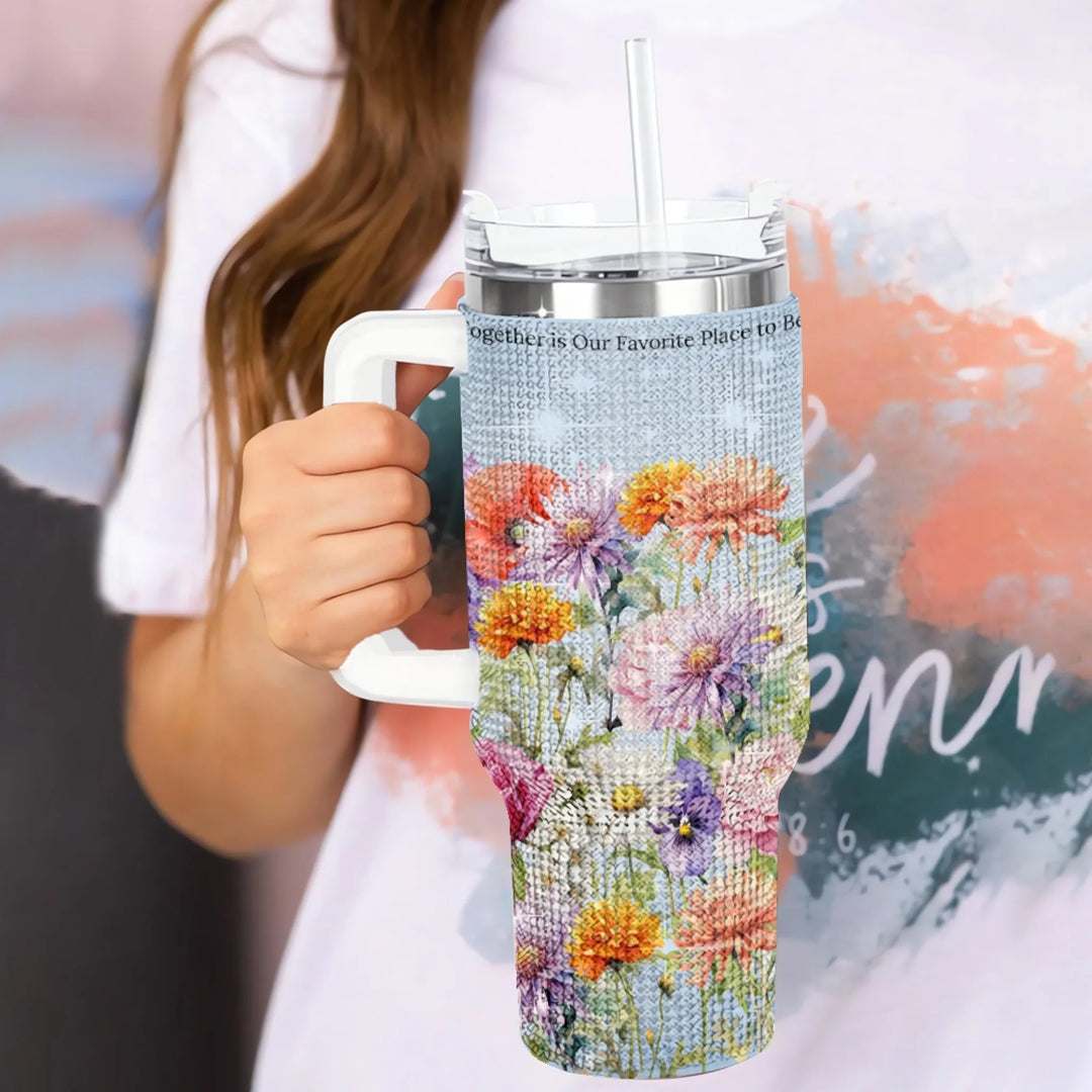 Custom 40oz rhinestone tumbler with handle in personalized birth month flower garden design, insulated stainless steel cup with lid and straw in hand-ARTFULANE