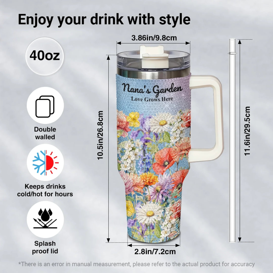 Custom 40oz rhinestone tumbler with handle in personalized birth month flower garden design, insulated stainless steel cup with lid and straw-size guide-ARTFULANE