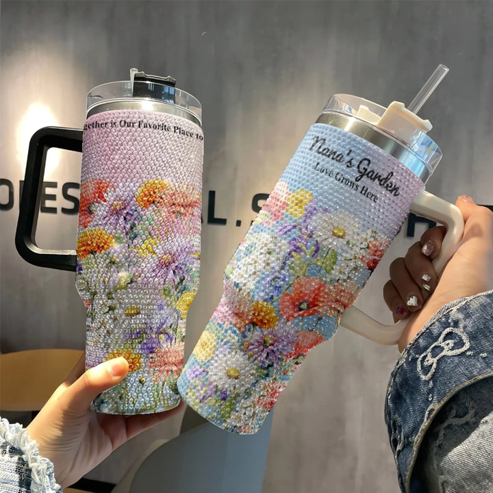 Custom 40oz rhinestone tumbler with handle in personalized birth month flower garden design, insulated stainless steel cup with lid and straw-all over print-ARTFULANE