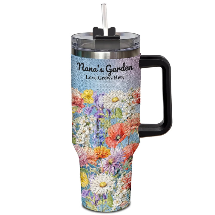 Custom 40oz rhinestone tumbler with black handle in personalized birth month flower garden design, insulated stainless steel cup with lid and straw-ARTFULANE