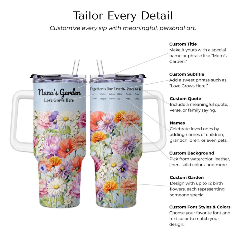 Custom 40oz tumbler with handle in personalized birth month flower garden design, insulated stainless steel cup with lid and straw-Customization Options-ARTFULANE