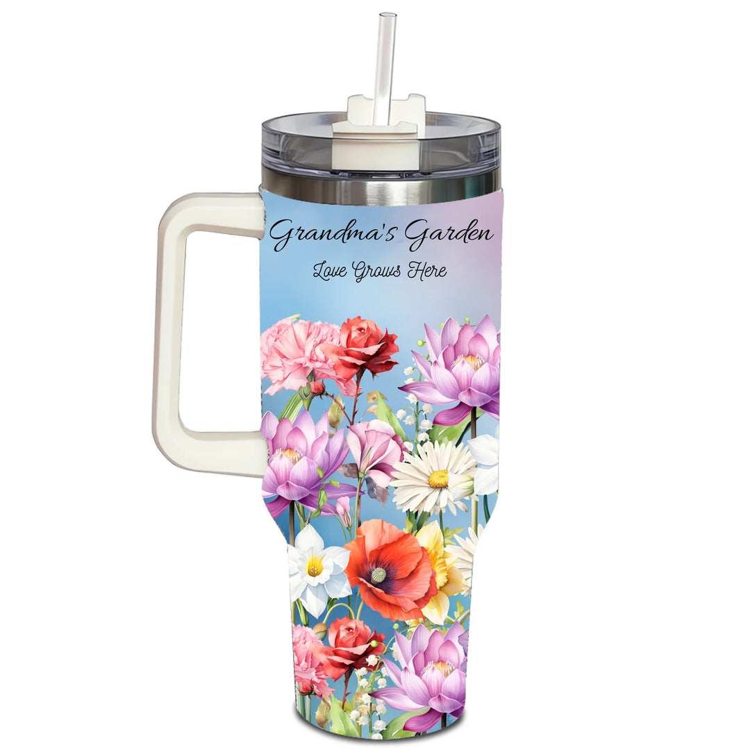 Custom 40oz rhinestone tumbler with handle in personalized birth month flower garden design, insulated stainless steel cup with lid and straw-ARTFULANE