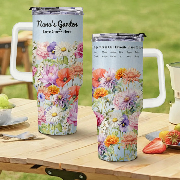 Custom 40oz tumbler with handle in personalized birth month flower garden design, insulated stainless steel cup with lid and straw-ARTFULANE