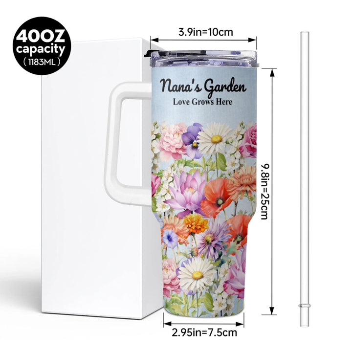 Custom 40oz tumbler with handle in personalized birth month flower garden design, insulated stainless steel cup with lid and straw-ARTFULANE