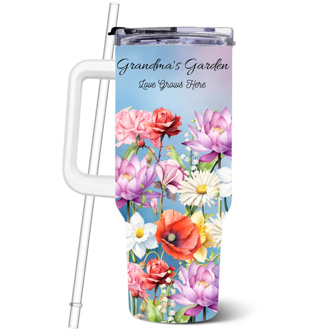 Custom 40oz tumbler with handle in personalized birth month flower garden design, insulated stainless steel cup with lid and straw-ARTFULANE