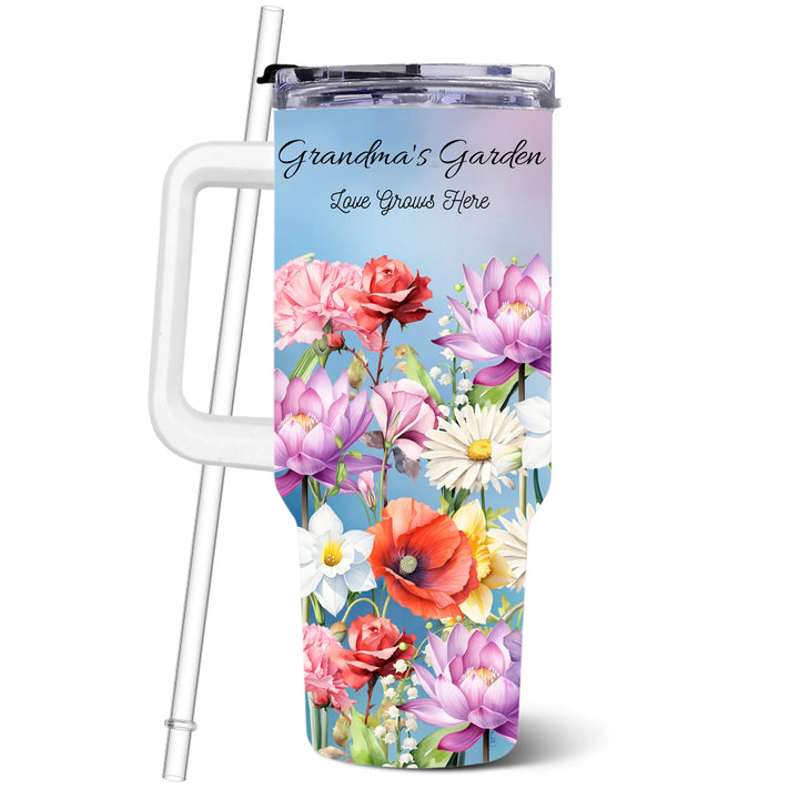 Custom 40oz tumbler with handle in personalized birth month flower garden design, insulated stainless steel cup with lid and straw-ARTFULANE