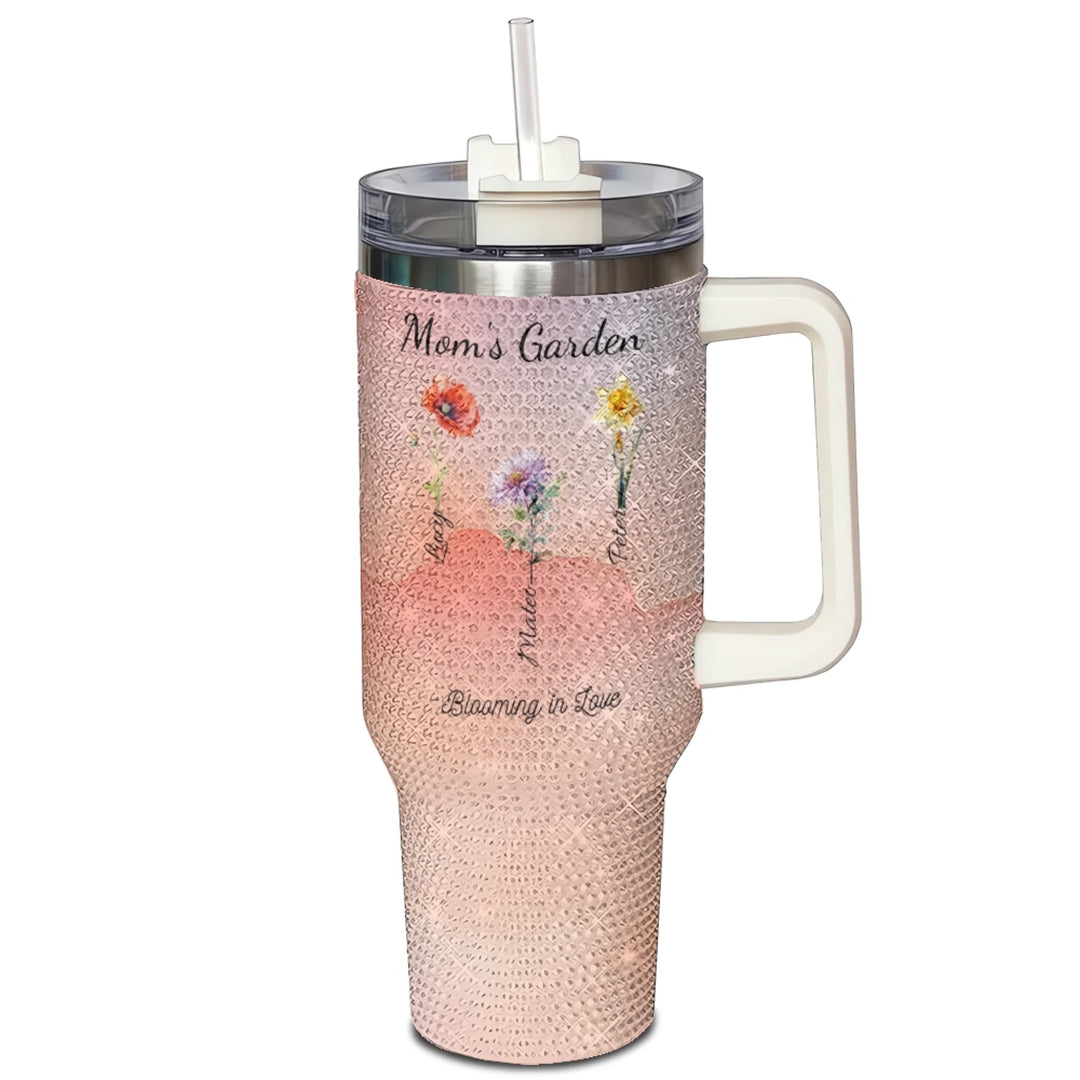 Custom 40oz rhinestone tumbler with handle in personalized birth month flower design, insulated stainless steel cup with lid and straw-ARTFULANE