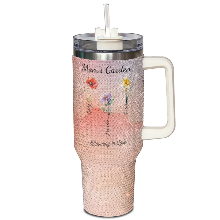 Custom 40oz rhinestone tumbler with handle in personalized birth month flower design, insulated stainless steel cup with lid and straw-ARTFULANE