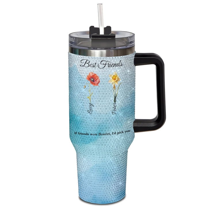 Custom 40oz rhinestone tumbler with handle in personalized birth month flower design, insulated stainless steel cup with lid and straw-ARTFULANE