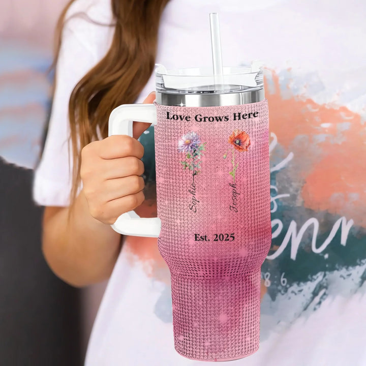 Custom 40oz rhinestone tumbler with handle in personalized birth month flower design, insulated stainless steel cup with lid and straw-ARTFULANE