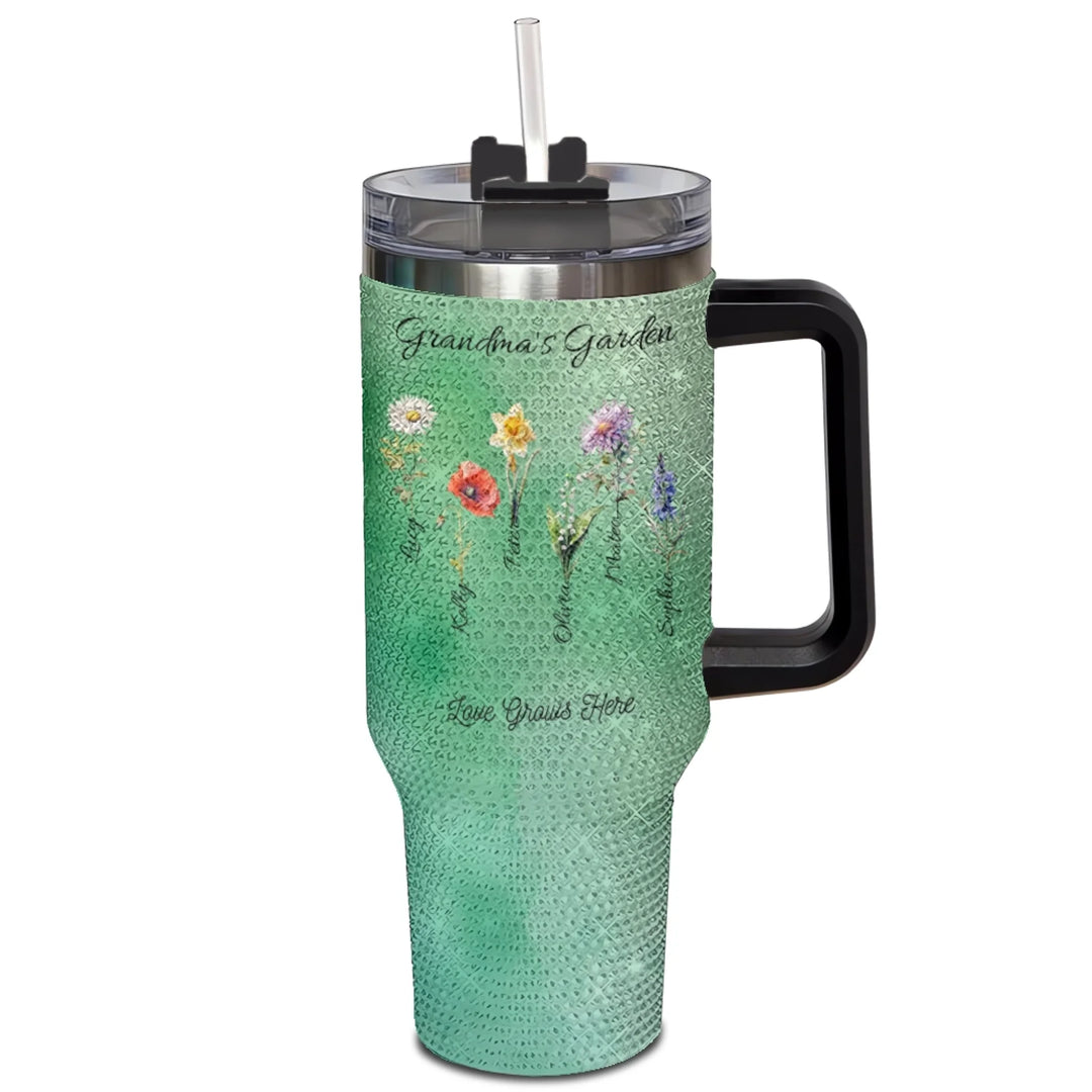 Custom 40oz rhinestone tumbler with handle in personalized birth month flower design, insulated stainless steel cup with lid and straw-ARTFULANE