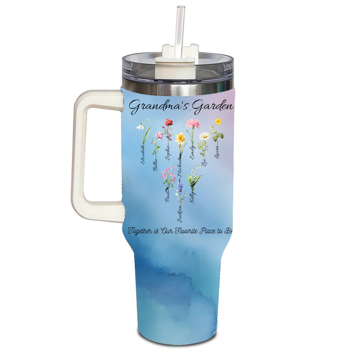 Custom 40oz rhinestone tumbler with handle in personalized birth month flower design, insulated stainless steel cup with lid and straw-ARTFULANE