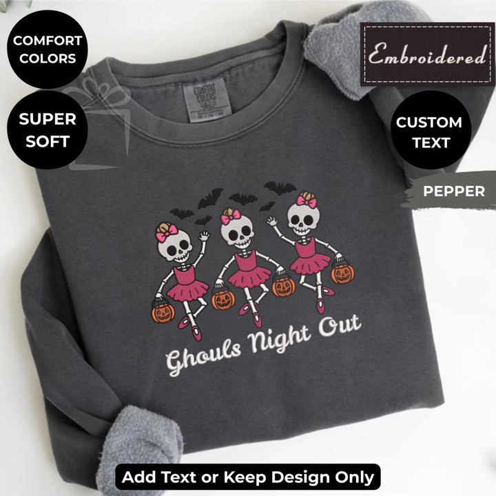 Ballerina skeleton sweatshirt in pepper for Halloween – Comfort Colors embroidered crewneck with custom text option-ARTFULANE
