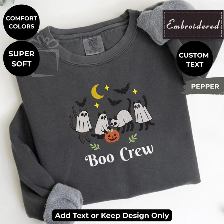 Cat Ghost Sweatshirt in Pepper – Comfort Colors embroidered crewneck with ghost cat design, customizable text option-ARTFULANE