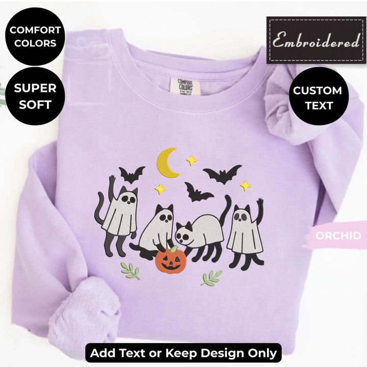 Cat Ghost Sweatshirt in Orchid – Comfort Colors embroidered crewneck with ghost cat design, customizable text option-ARTFULANE
