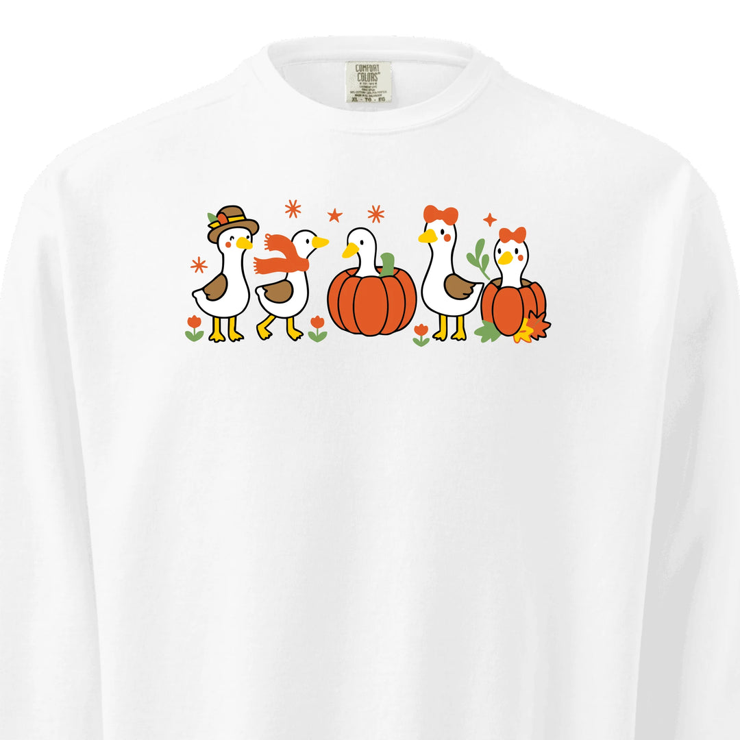 Fall Geese Sweatshirt in all colors – Comfort Colors embroidered crewneck with geese and pumpkin design, customizable text option-ARTFULANE
