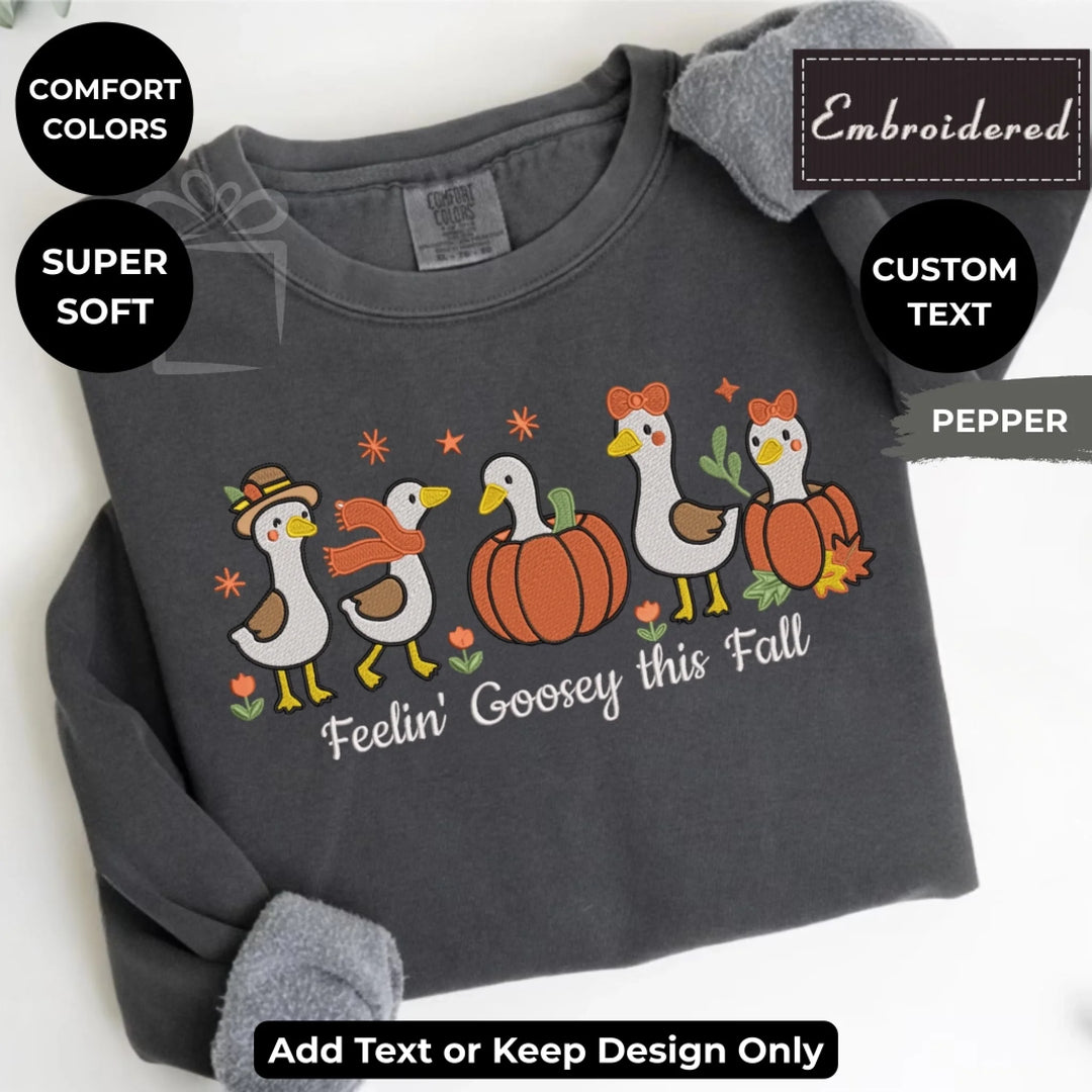 Fall Geese Sweatshirt in pepper – Comfort Colors embroidered crewneck with geese and pumpkin design, customizable text option-ARTFULANE