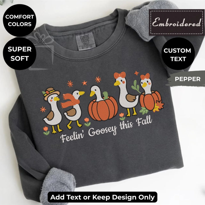 Fall Geese Sweatshirt in pepper – Comfort Colors embroidered crewneck with geese and pumpkin design, customizable text option-ARTFULANE