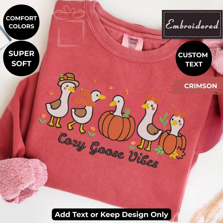 Fall Geese Sweatshirt in crimson – Comfort Colors embroidered crewneck with geese and pumpkin design, customizable text option-ARTFULANE