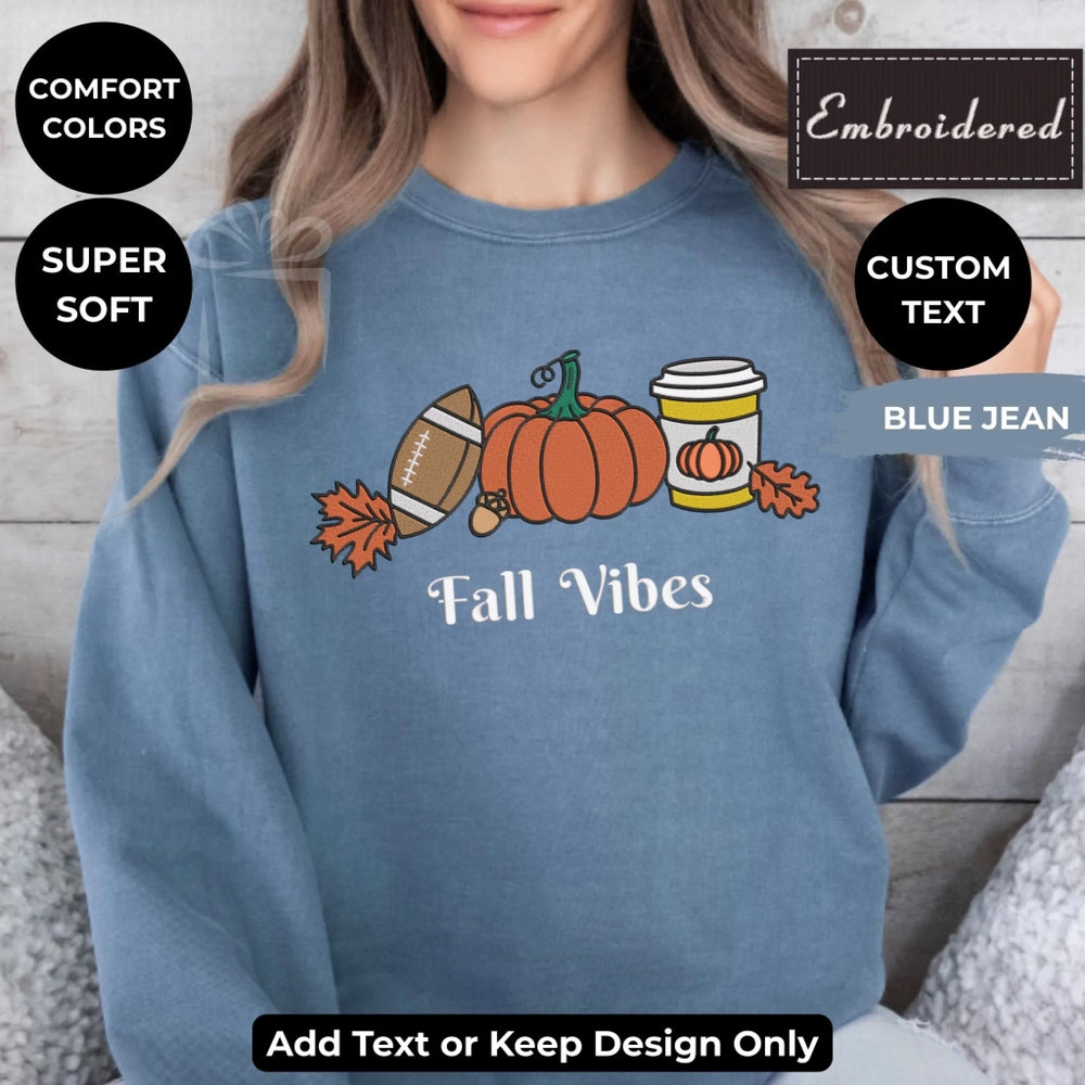 Fall Football Sweatshirt in blue jean – Comfort Colors embroidered crewneck with pumpkin, football, and coffee design, customizable text option-ARTFULANE