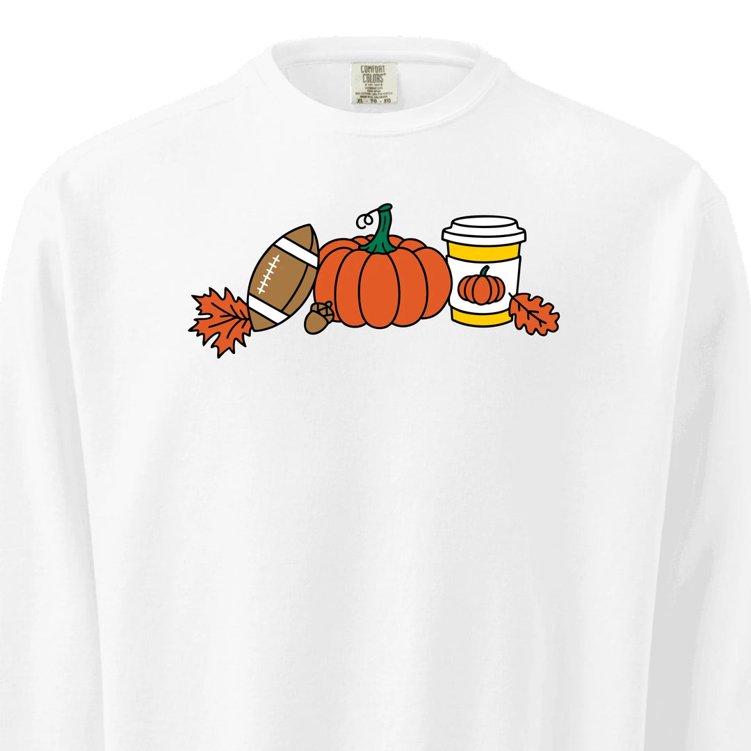 Fall Football Sweatshirt in all colors – Comfort Colors embroidered crewneck with pumpkin, football, and coffee design, customizable text option-ARTFULANE