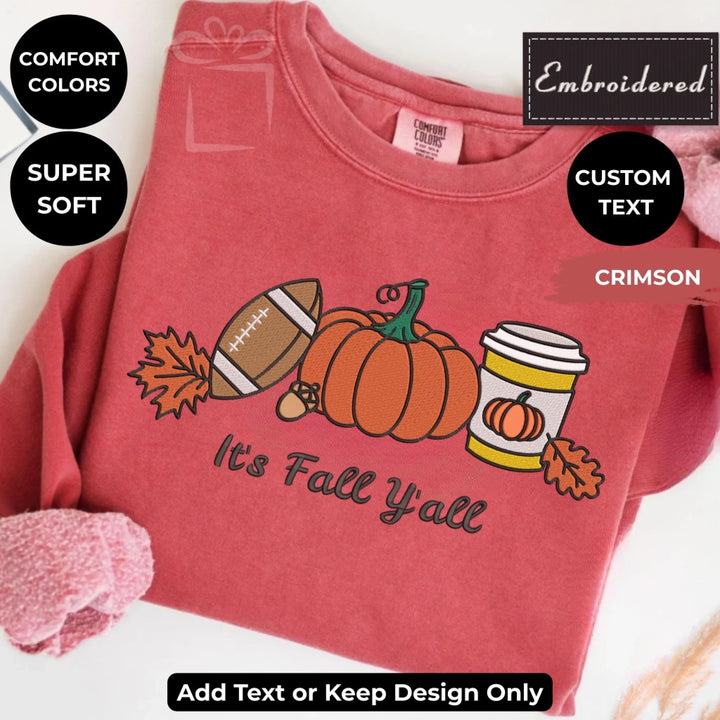Fall Football Sweatshirt in crimson – Comfort Colors embroidered crewneck with pumpkin, football, and coffee design, customizable text option-ARTFULANE
