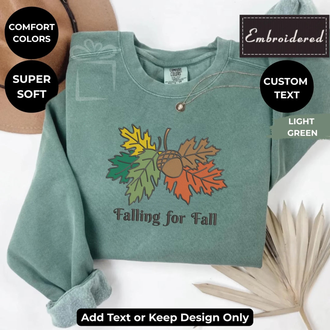 Autumn Leaves Sweatshirt in light green – Comfort Colors embroidered crewneck with acorn and fall leaves design, customizable text option-ARTFULANE