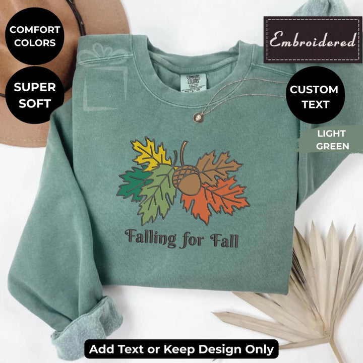 Autumn Leaves Sweatshirt in light green – Comfort Colors embroidered crewneck with acorn and fall leaves design, customizable text option-ARTFULANE