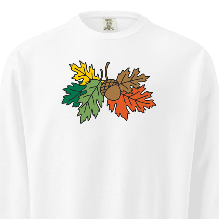 Autumn Leaves Sweatshirt in all colors – Comfort Colors embroidered crewneck with acorn and fall leaves design, customizable text option-ARTFULANE