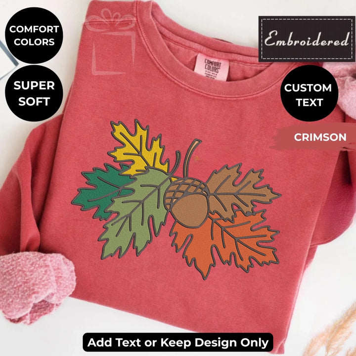 Autumn Leaves Sweatshirt in crimson – Comfort Colors embroidered crewneck with acorn and fall leaves design, customizable text option-ARTFULANE