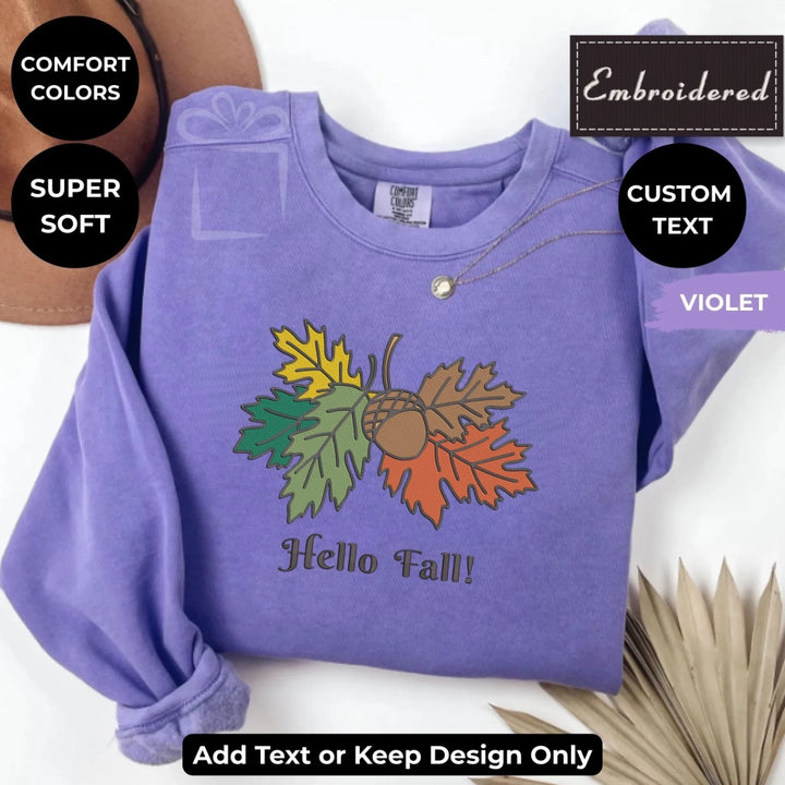 Autumn Leaves Sweatshirt in violet – Comfort Colors embroidered crewneck with acorn and fall leaves design, customizable text option-ARTFULANE