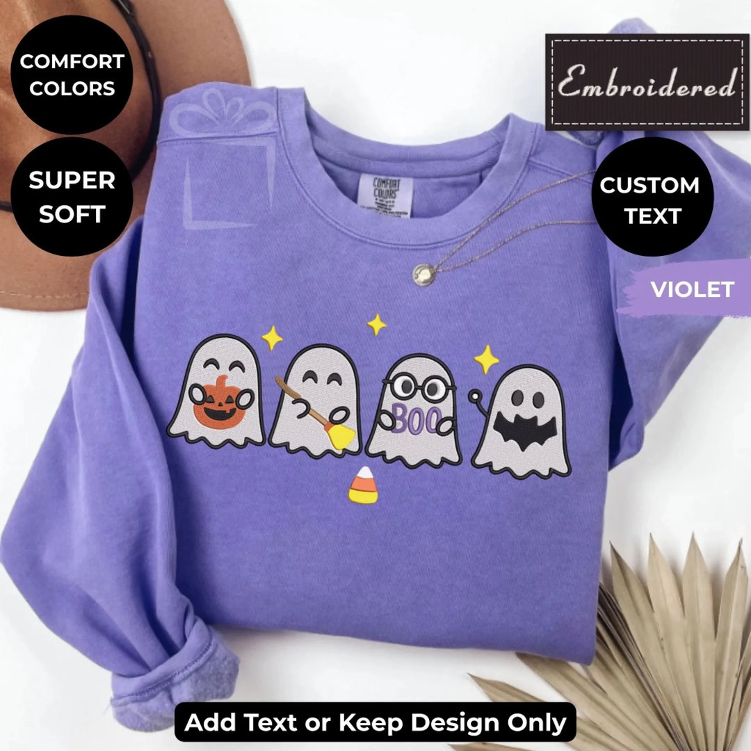 Halloween Ghost Sweatshirt in violet – Comfort Colors embroidered crewneck with cute spooky ghost design, customizable text option-ARTFULANE