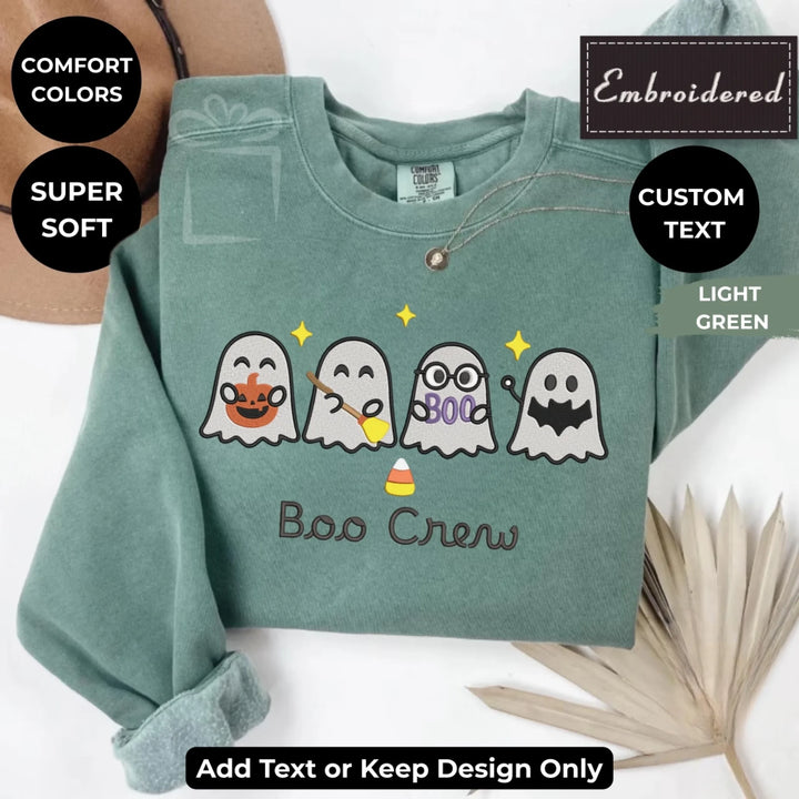 Halloween Ghost Sweatshirt in LIGHT GREEN – Comfort Colors embroidered crewneck with cute spooky ghost design, customizable text option-ARTFULANE