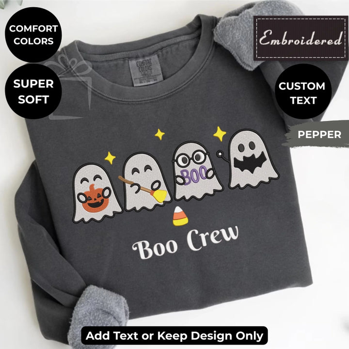 Halloween Ghost Sweatshirt in PEPPER – Comfort Colors embroidered crewneck with cute spooky ghost design, customizable text option-ARTFULANE