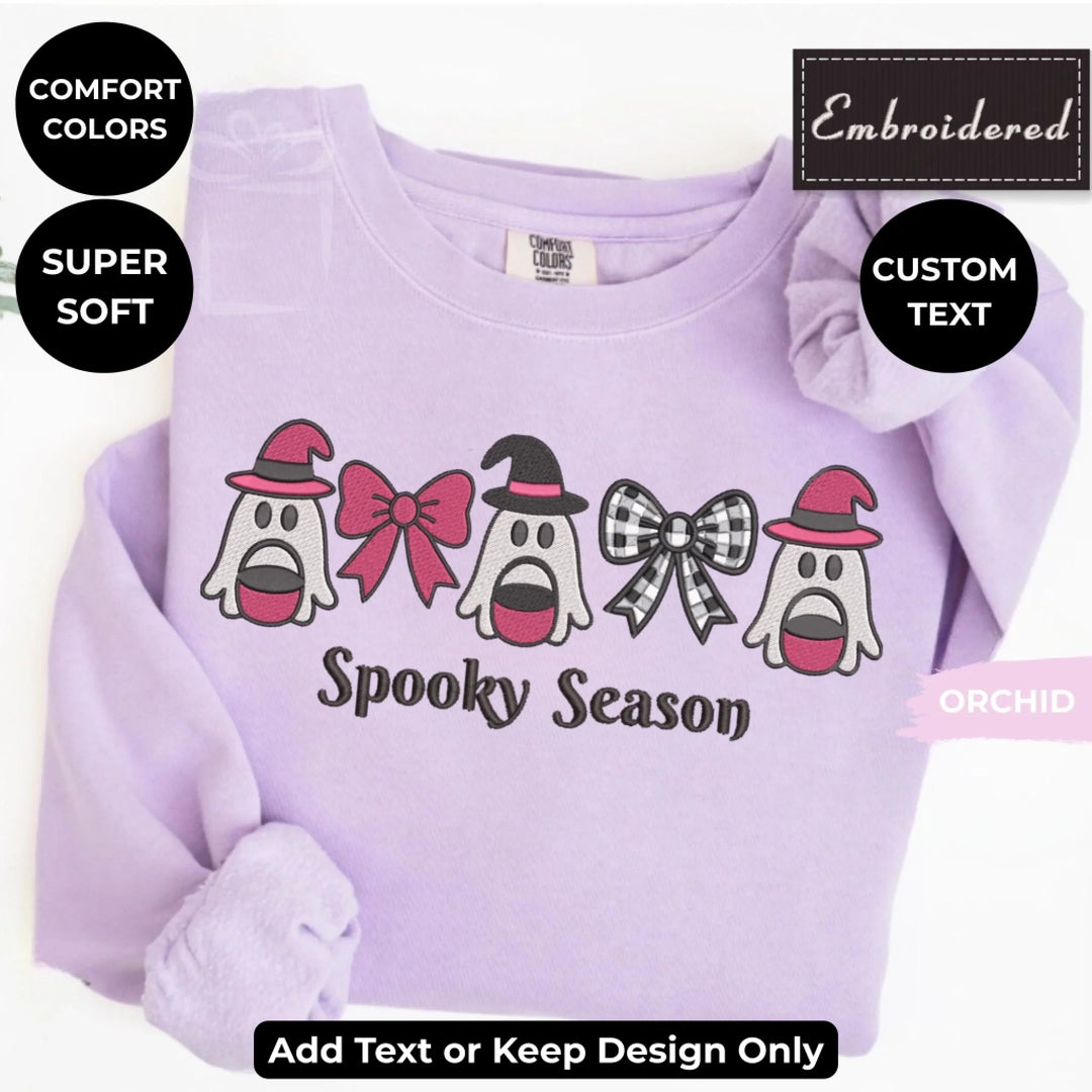 Pink Ghost Sweatshirt in ORCHID – Comfort Colors embroidered crewneck with cute ghost design, customizable text option-ARTFULANE
