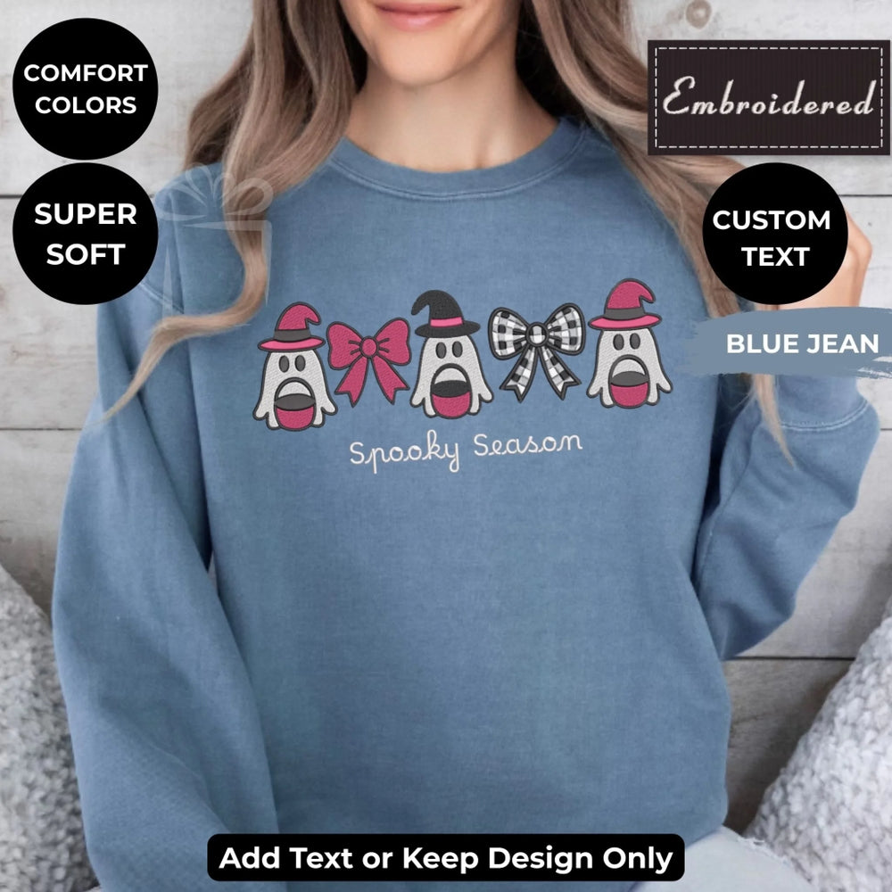 Pink Ghost Sweatshirt in BLUE JEAN – Comfort Colors embroidered crewneck with cute ghost design, customizable text option-ARTFULANE