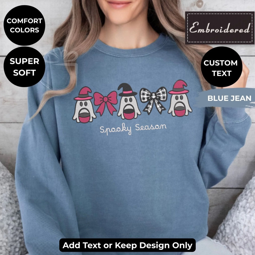 Pink Ghost Sweatshirt in BLUE JEAN – Comfort Colors embroidered crewneck with cute ghost design, customizable text option-ARTFULANE