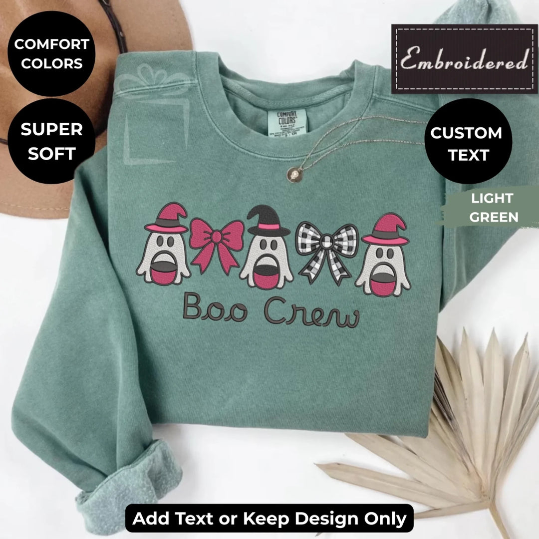 Pink Ghost Sweatshirt in LIGHT GREEN – Comfort Colors embroidered crewneck with cute ghost design, customizable text option-ARTFULANE