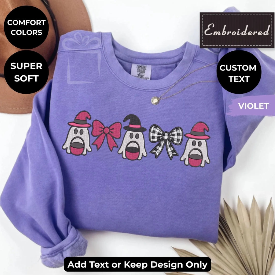 Pink Ghost Sweatshirt in VIOLET – Comfort Colors embroidered crewneck with cute ghost design, customizable text option-ARTFULANE