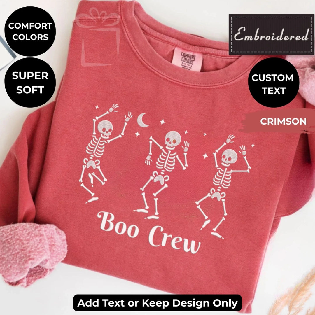 Dancing Skeletons Embroidered Sweatshirt in Crimson Comfort Colors – Customizable spooky design, unisex fit, available in 15 colors-ARTFULANE