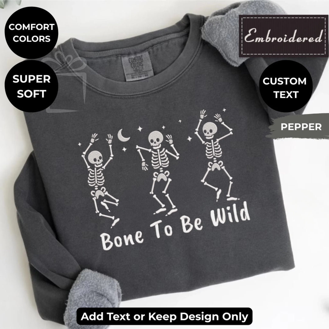 Dancing Skeletons Embroidered Sweatshirt in PEPPER Comfort Colors – Customizable spooky design, unisex fit, available in 15 colors-ARTFULANE